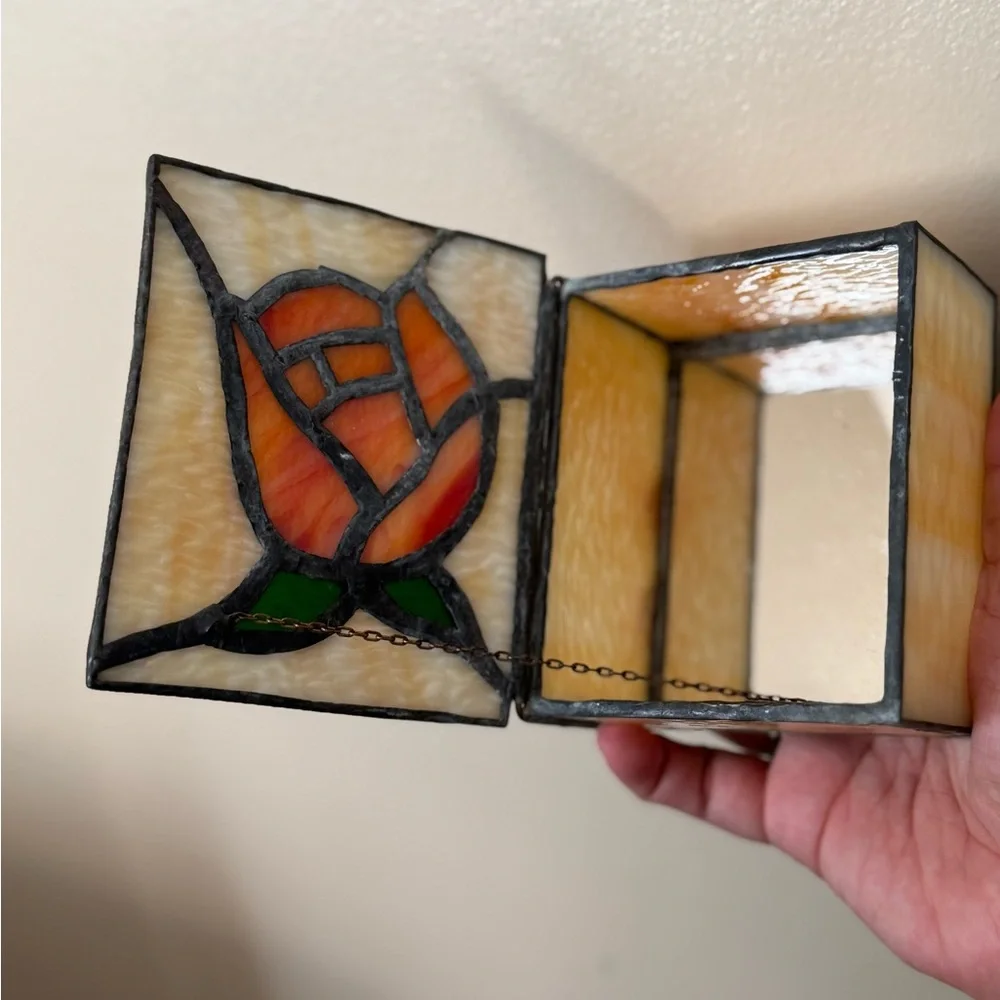 VTG Stained Glass Trinket Box Lovely‎ Tiffany Style Orange Rose Flower 4.5x4” T